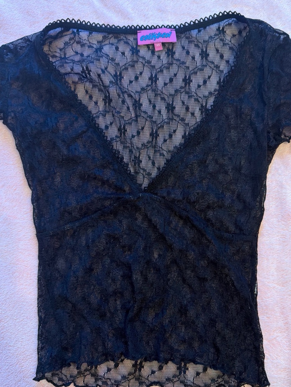Edikted Black Sheer Lace V-Neck Short Sleeve Top